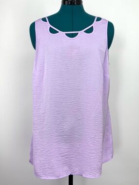 CAbi Cutout Top # 5909, Lavender Satiny Plissé Sleeveless Tank, Large